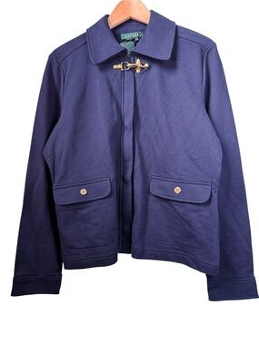 Lauren Ralph Lauren Gold Horse Buckle Jacket Size Large NWT Navy Blue Jersey Zip